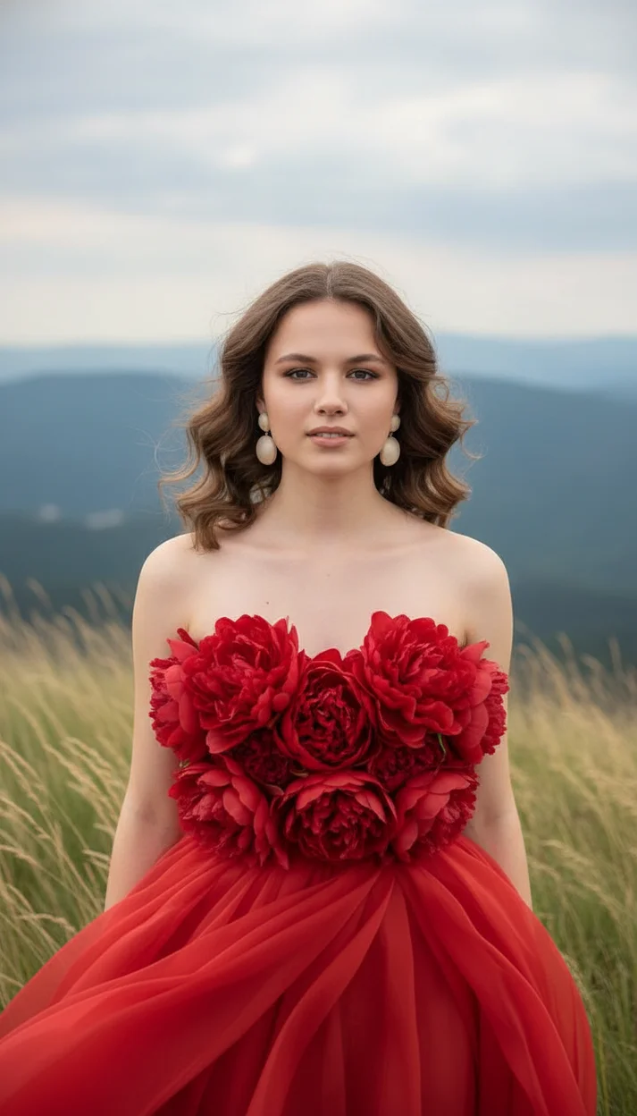 Девушка в горах в платье из красных пионов фронтально прямой взгляд ветер мягкий дневной свет