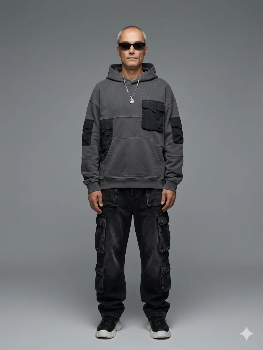 Мужчина в оверсайз костюме с карманами стоит фронтально на сером фоне