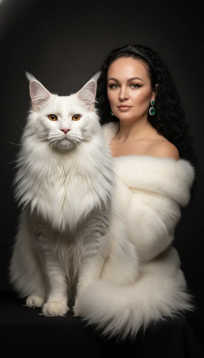  женщина стоит рядом с огромным котом породы Maine Coon