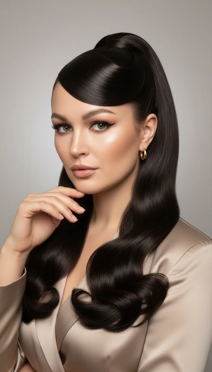 Замена прически -  Гладкая ретро-укладка с высоким полухвостом и подкрученными концами 