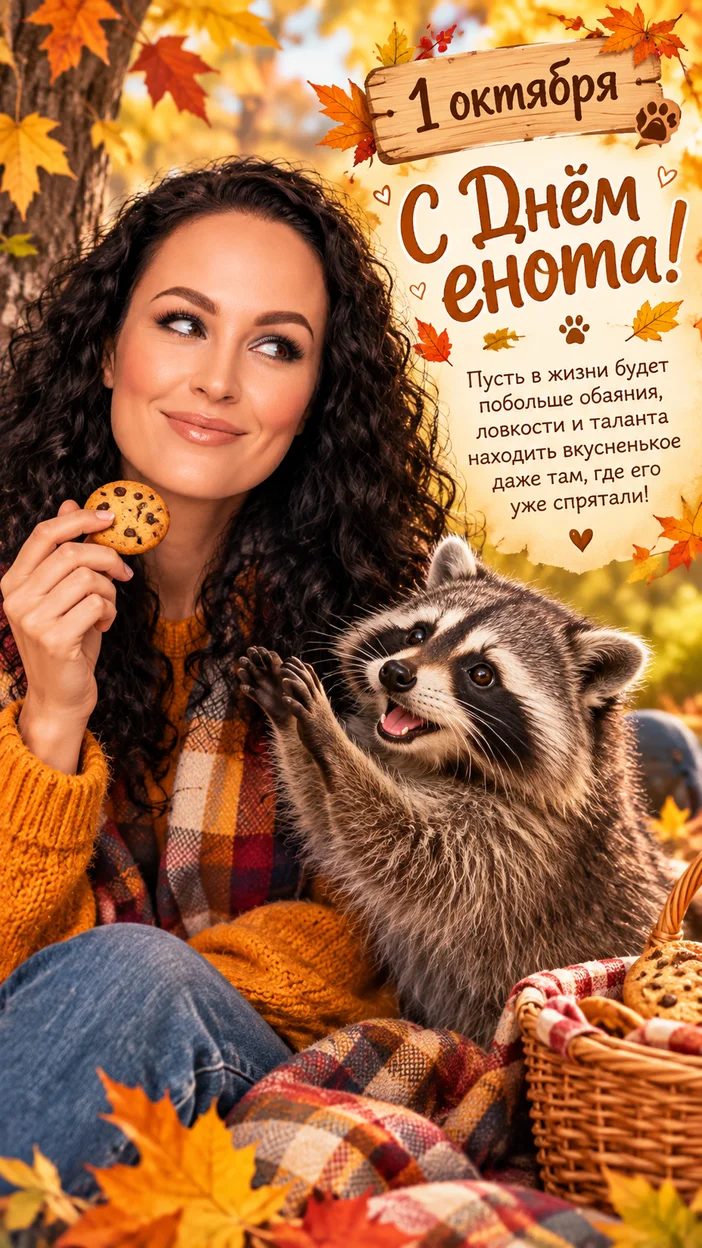 Фотосессия девушки с енотом на пикнике в осеннем лесу с корзинкой и листьями — открытка 1 октября (День енота)