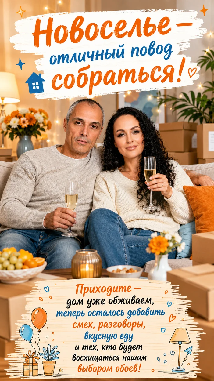 Фотооткрытка для пары с приглашением «Новоселье — отличный повод собраться!'