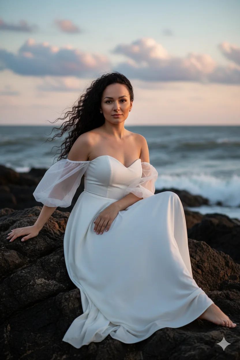 Женщина на скалах у моря в белом воздушном платье