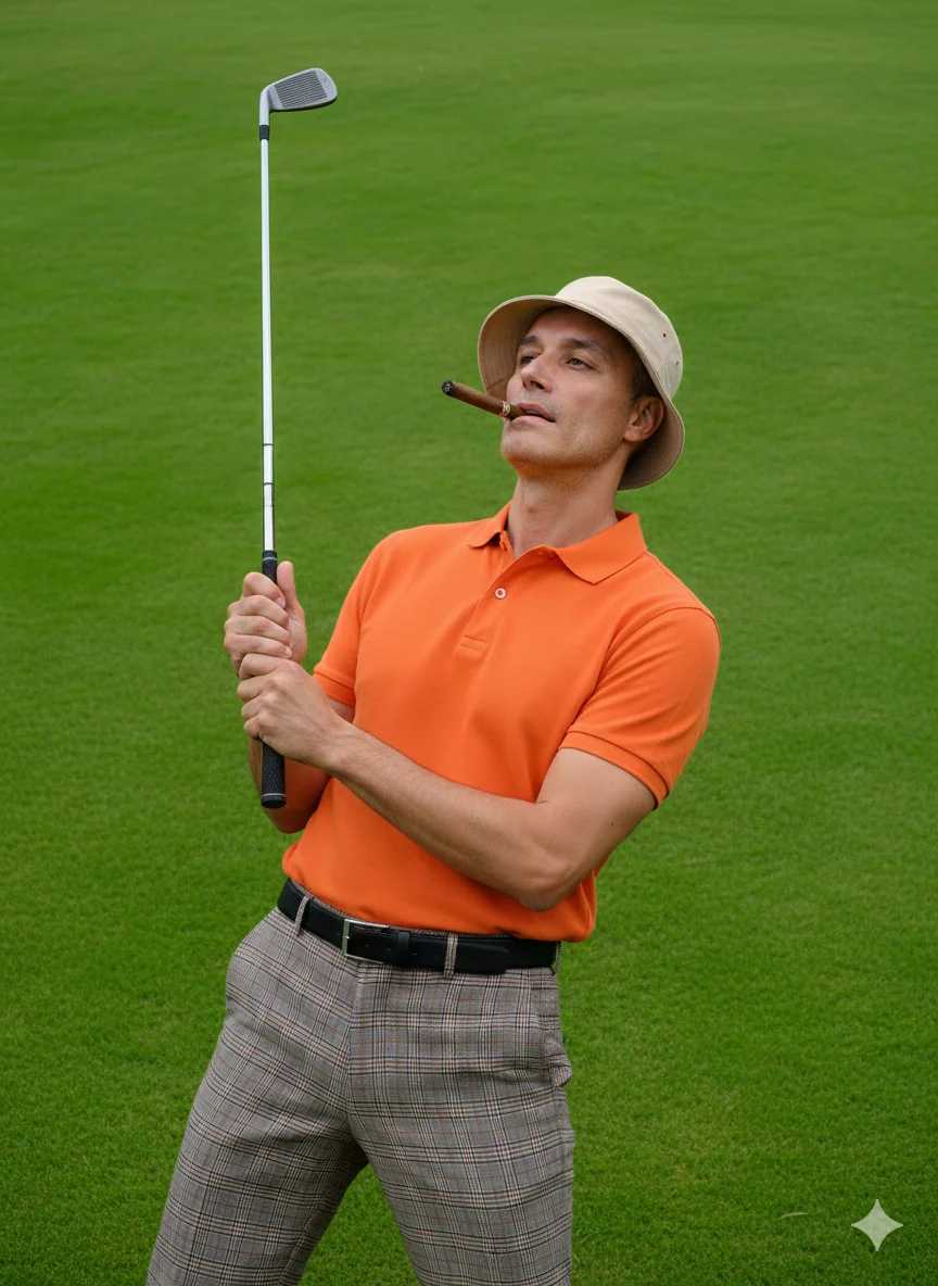 Мужчина в оранжевом поло и клетчатых брюках держит клюшку на гольф-поле