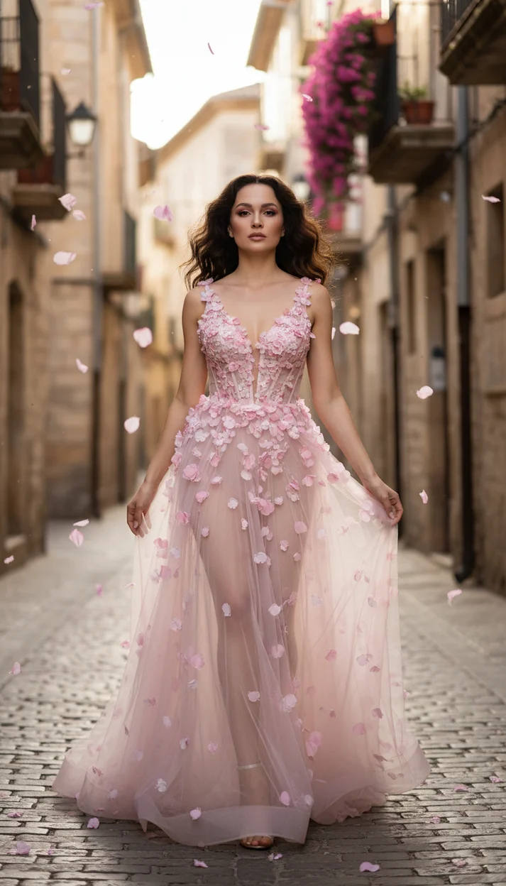 Цветочное платье из лепестков — fashion сцена на улице