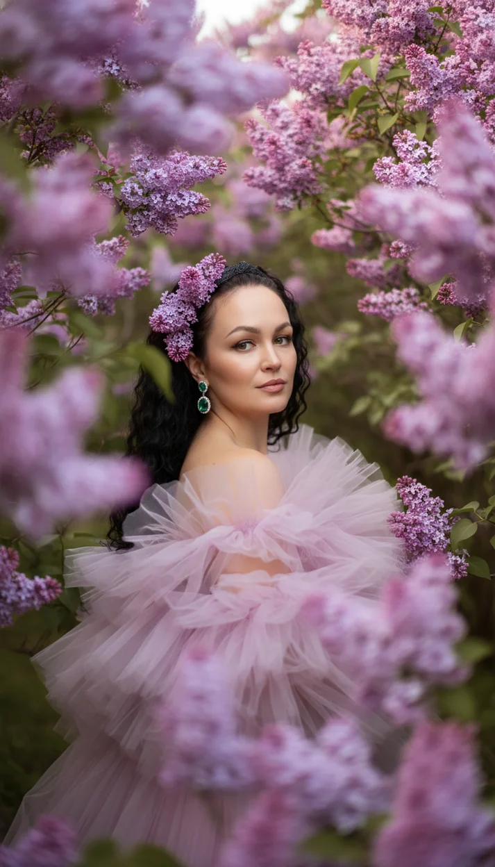 Портрет в сиреневых цветах с мягким боке