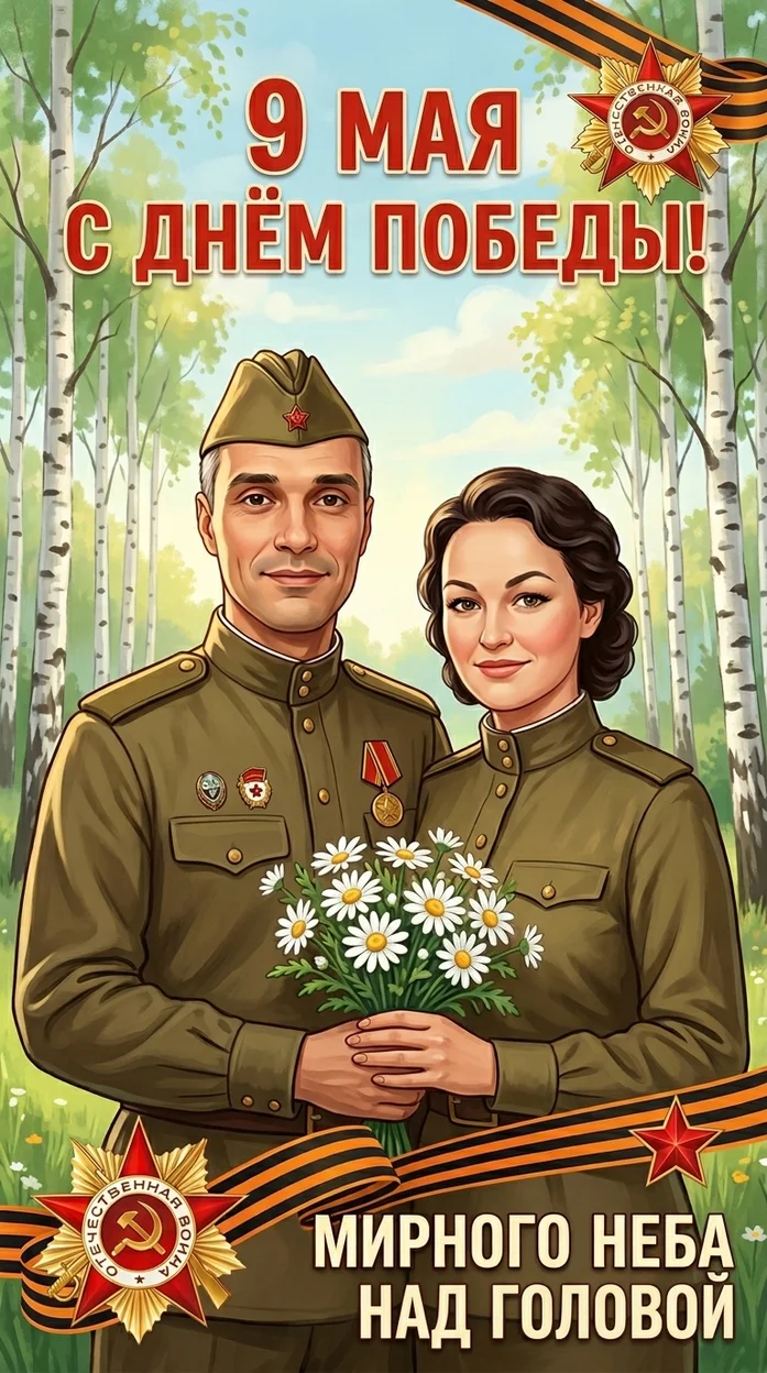 Цифровая иллюстрация в стиле советского праздничного плаката 9 мая ии 
