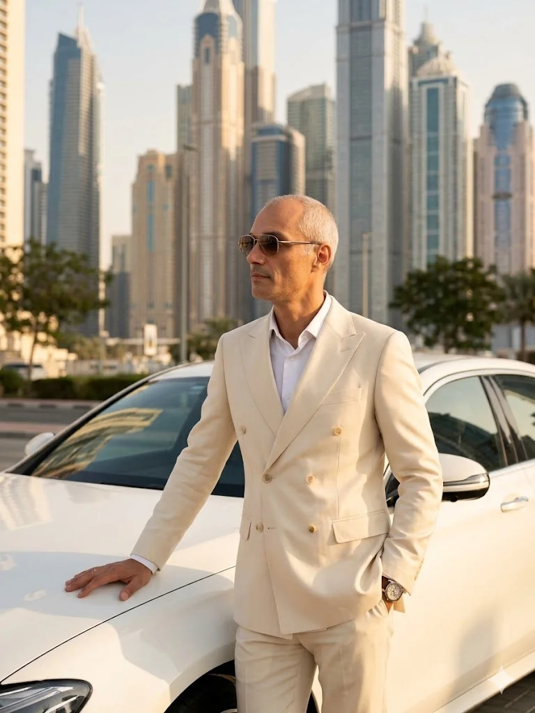 Мужчина в светлом костюме за рулём кабриолета на фоне небоскрёбов 