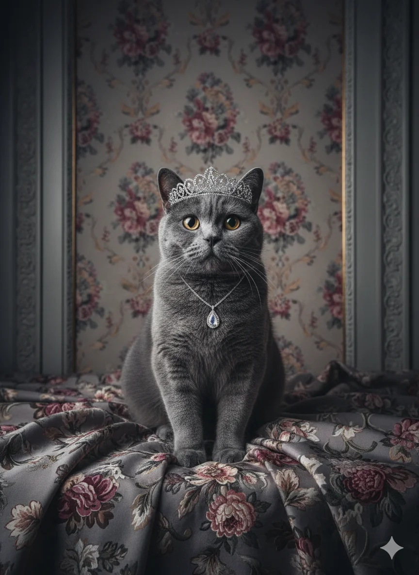 Животное в королевском образе с диадемой и украшением сидит на подиуме у декоративной стены