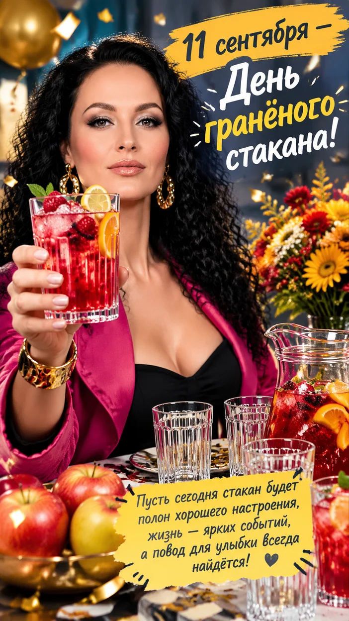 Фотосессия студийная праздничная PIN‑открытка 11 сентября — девушка в трендовом костюме торжественно с гигантским гранёным стаканом лимонада у стильного столика с графином, яблоками и осенним букетом