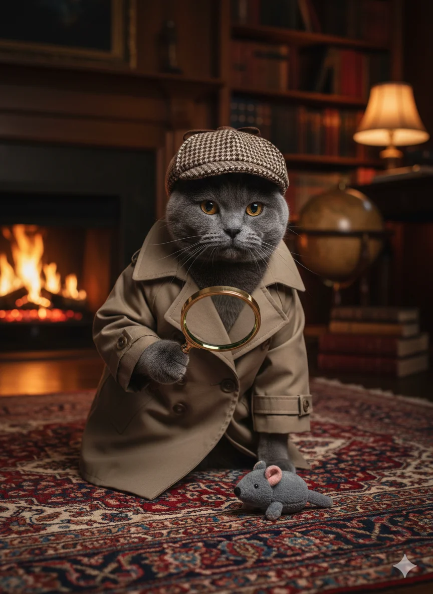 Животное в образе детектива с плащом, кепкой и лупой, сидит на ковре у камина в кабинете