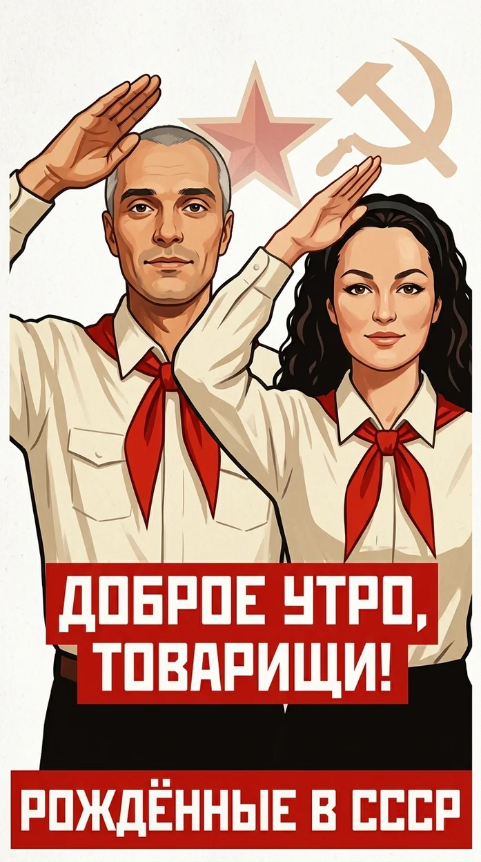 Советская агитационная иллюстрация в стиле плаката с пионерами, ретро-стиль СССР