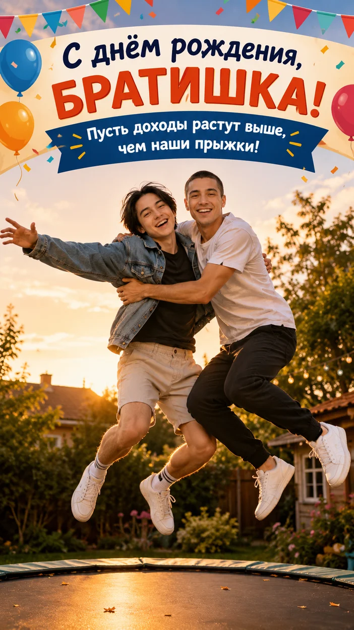 Фотосессия братья прыжок на батуте - Открытка на день рождения  брата