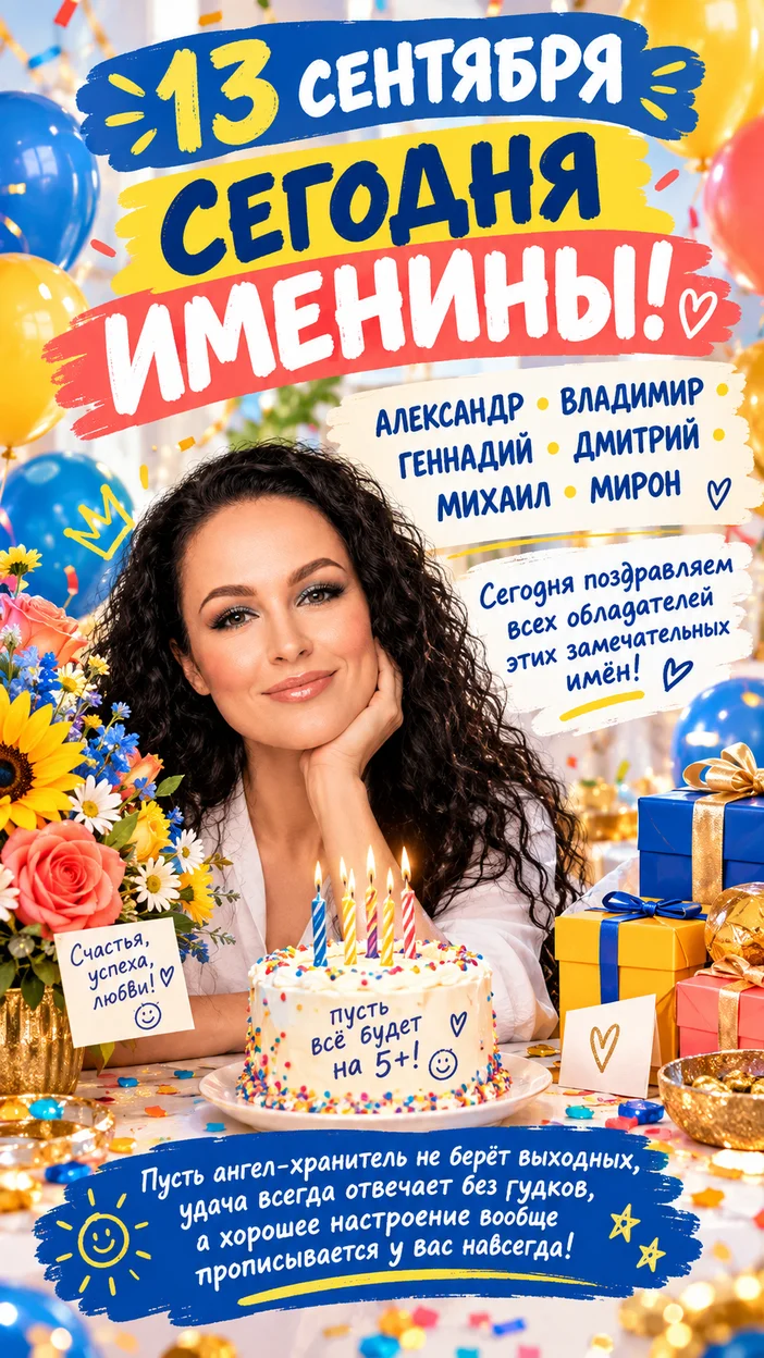 Фотосессия праздничный Pinterest‑баннер 13 сентября — стол с тортом, цветы, шарики и карточки с именами (Александр, Владимир, Геннадий, Дмитрий, Михаил, Мирон)
