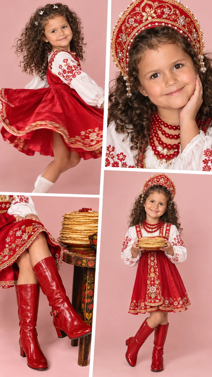 Фотосессия fashion-коллаж девушки в красном сарафане, кокошнике и с тарелкой блинов на розово-пудровом студийном фоне