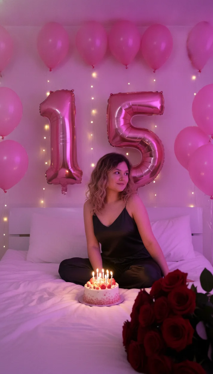 Девушке 15 лет  - фотосессия с цветами в постели 