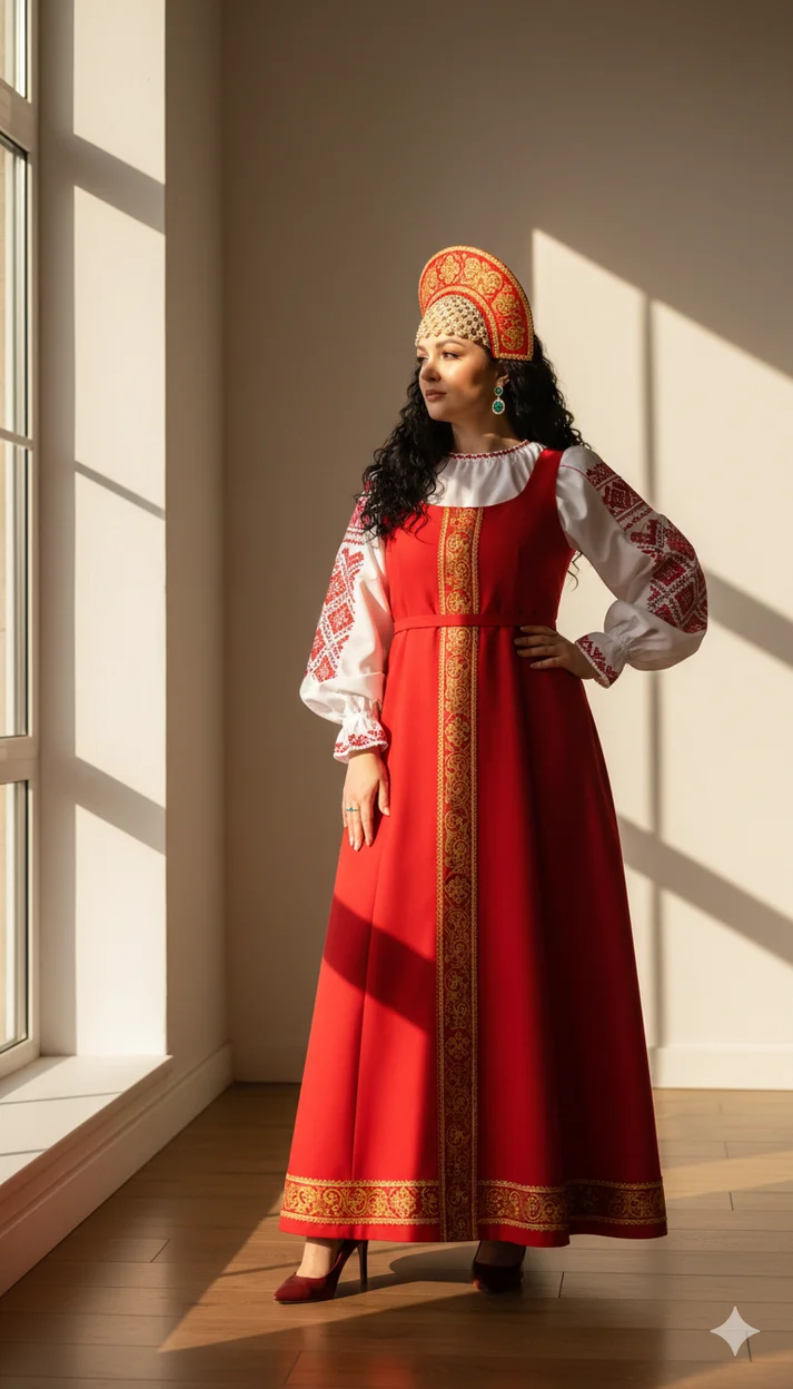 Русский образ - Женщина у окна в красном сарафане с кокошником 