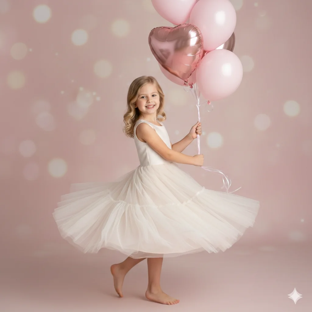 Девочка в пышном светлом платье стоит с шариками в студии