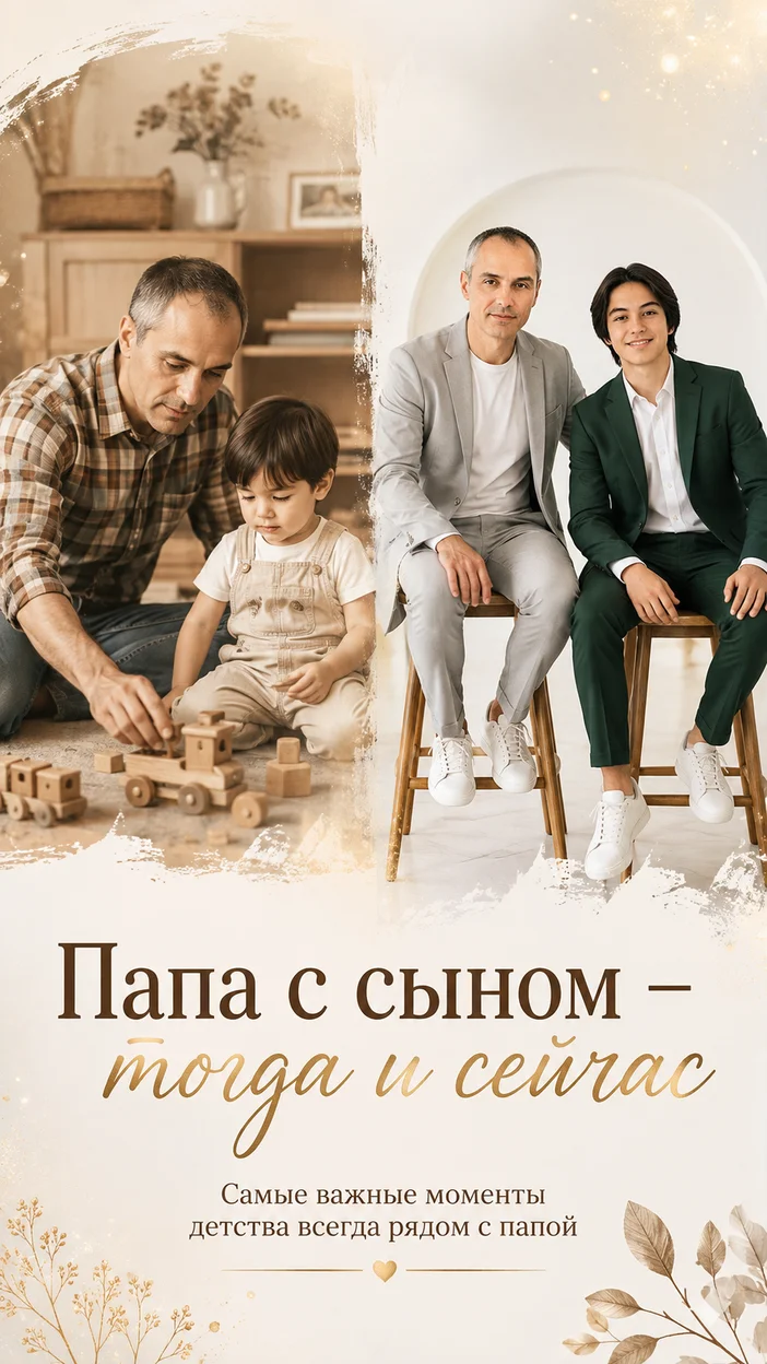 Фотооткрытка с текстом «Папа с сыном — тогда и сейчас»