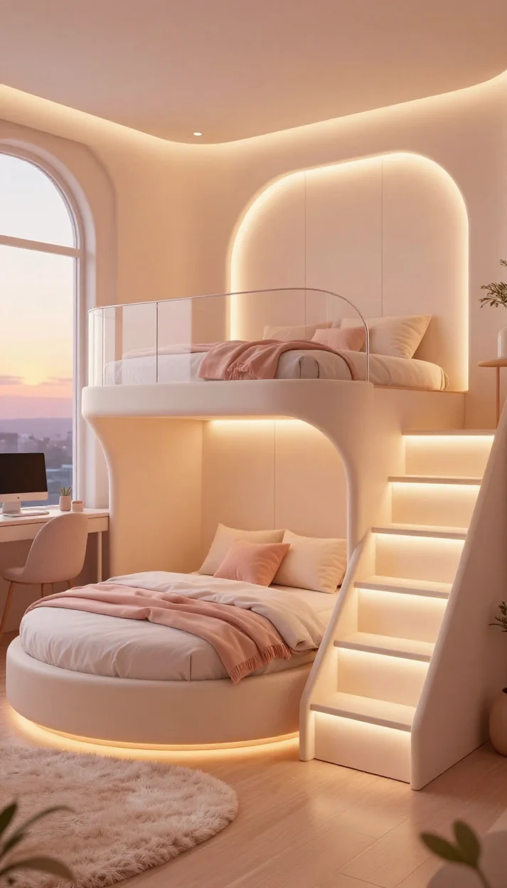 Уютная спальня с подсветкой и мягкой архитектурой в пастельных тонах