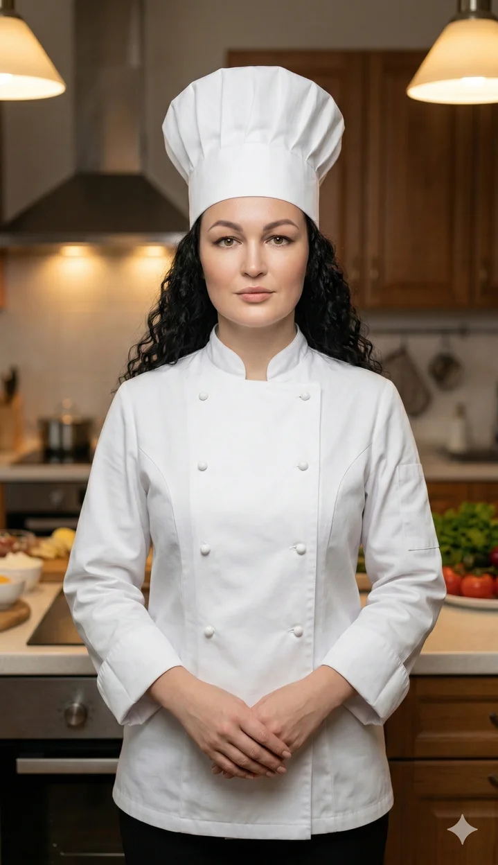 Шеф-повар в белом кителе и колпаке стоит на кухне