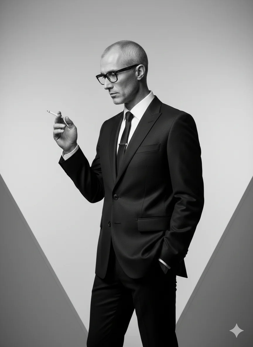Мужчина в костюме и очках держит сигарету