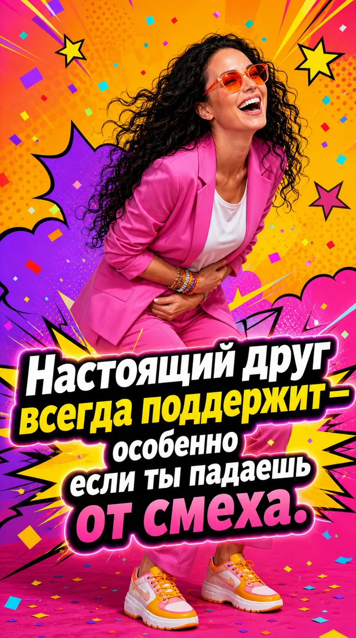 Юмористичная фотооткрытка для друзей с текстом "Настоящий друг всегда поддержит — особенно если ты падаешь от смеха."