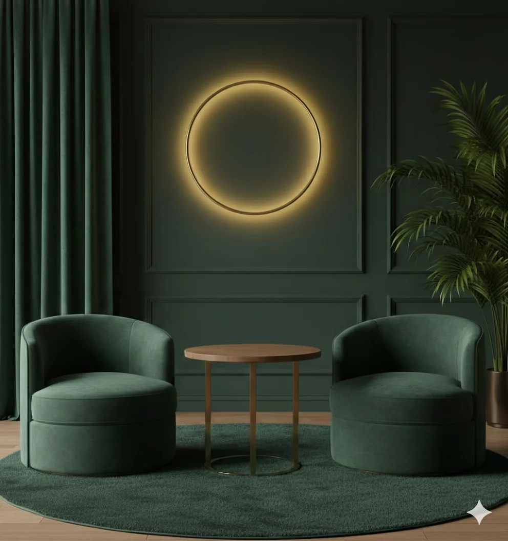 Сцена для продажи - Тёмно-зелёная матовая стена с классическими декоративными молдингами 