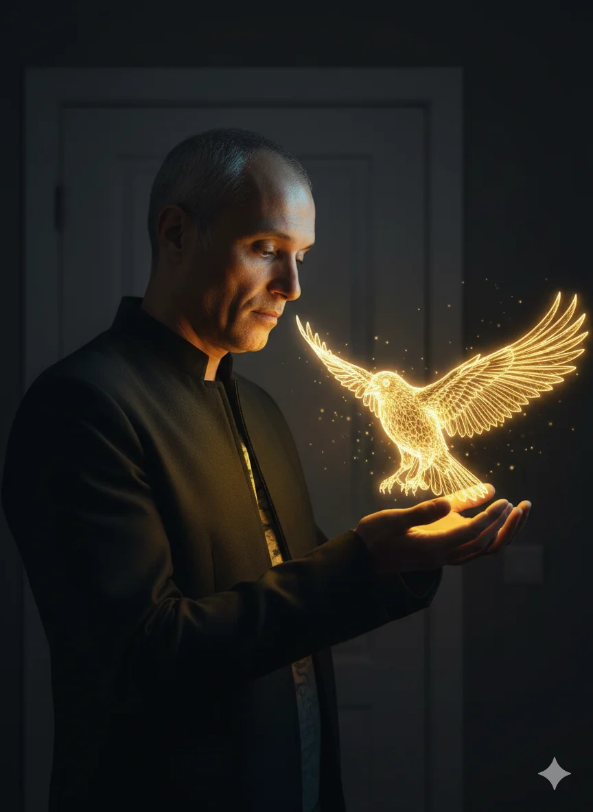 Мужчина в тёмной комнате держит золотую светящуюся птицу