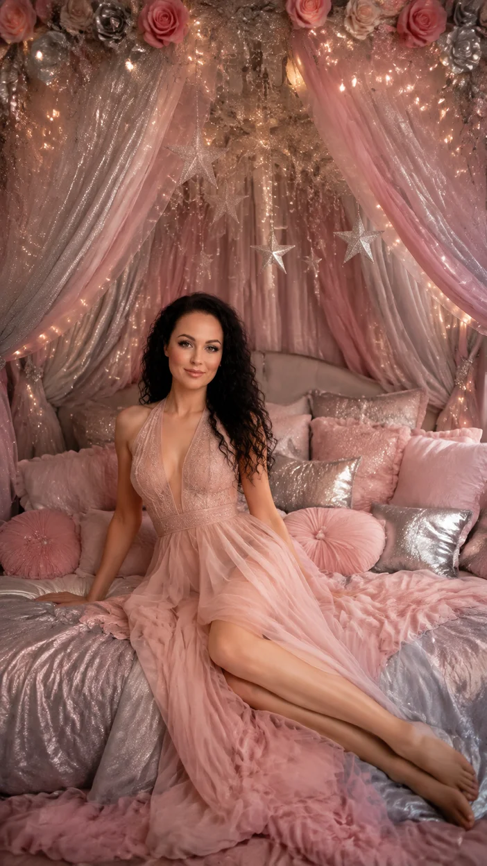 Фотосессия в кровати под розово-серебряным балдахином