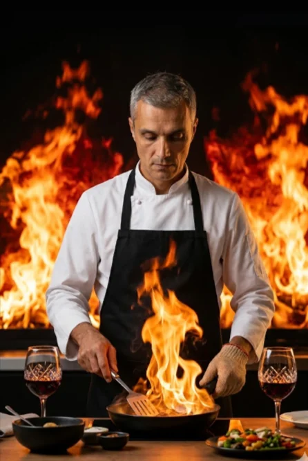 Повар в белом кителе и чёрном фартуке у плиты с огнём