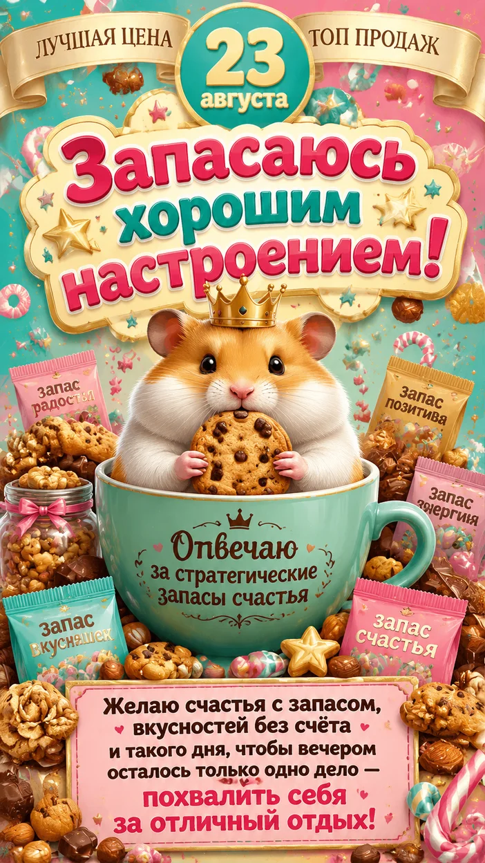 Открытка с хомяком и запасом счастья 23 августа
