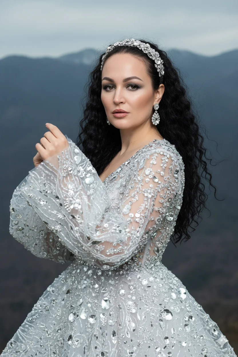 Женщина в полупрозрачном couture-платье с кристаллами в горах