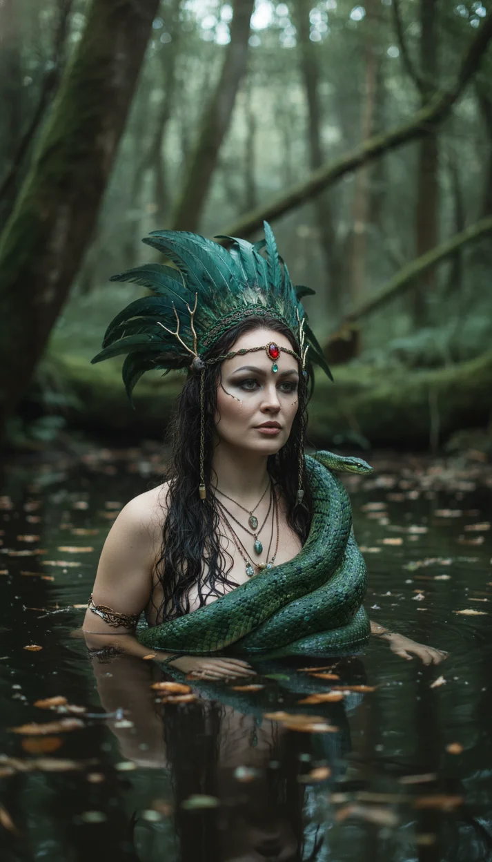  Женщина в мистическом образе лесной жрицы со змеей 