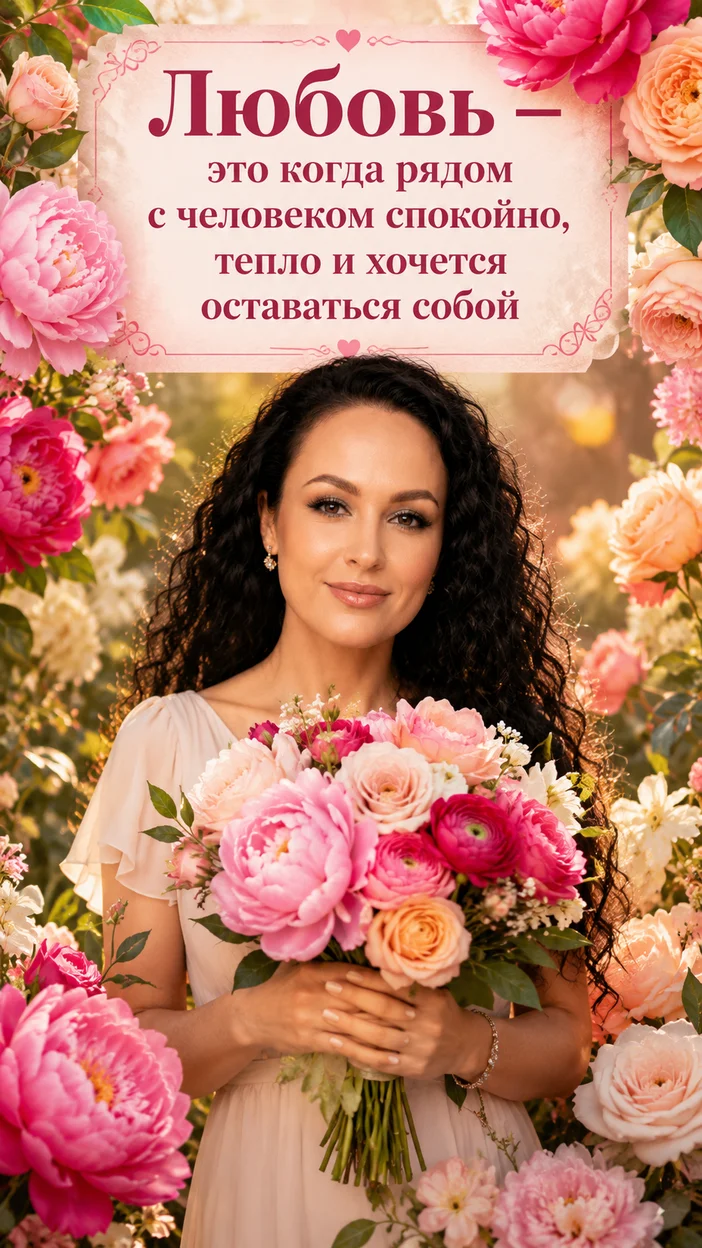 Фотооткрытка для любимого с поздравлением «Любовь — это когда рядом с человеком спокойно, тепло и хочется оставаться собой»