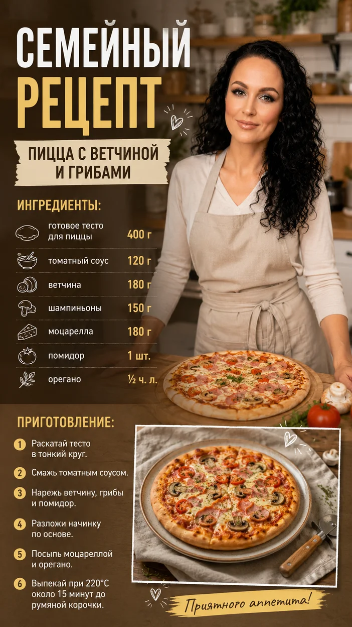 Фотосессия семейного рецепта пиццы с ветчиной и грибами