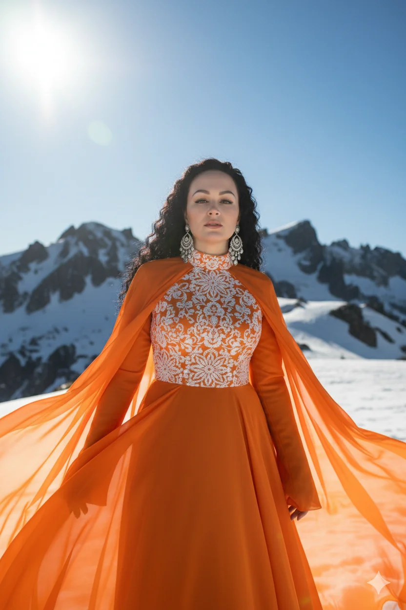 Девушка в оранжевом платье в горах на снегу