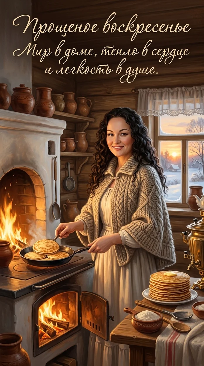 Открытка Прощённое воскресенье в деревенском доме у печи  с вашим фото 