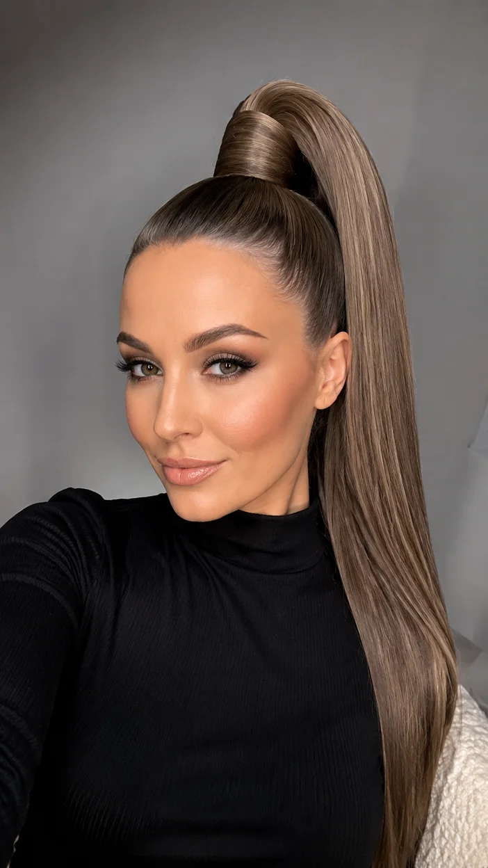 Фотосессия девушки с экстравысоким хвостом в стиле selfie beauty