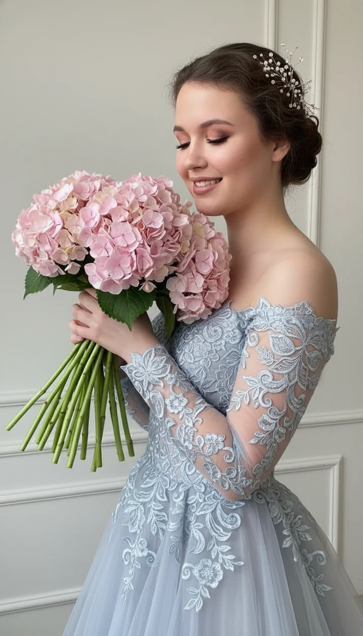Девушка в студии с букетом гортензии в кружевном платье профиль глаза закрыты мягкий свет