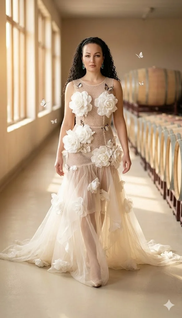 Женщина в прозрачном платье с объёмными цветами