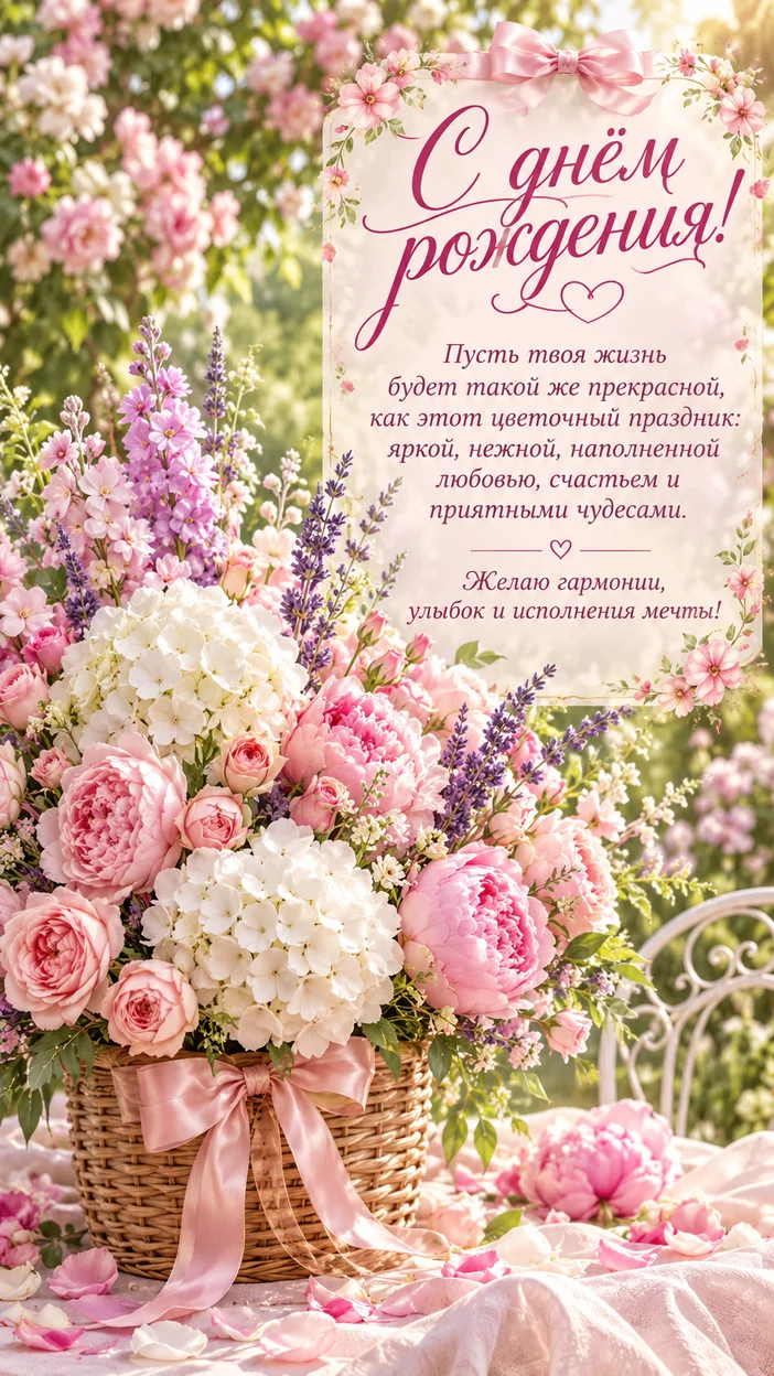 Фотооткрытка с поздравлением «С днём рождения!» (садовая корзина)