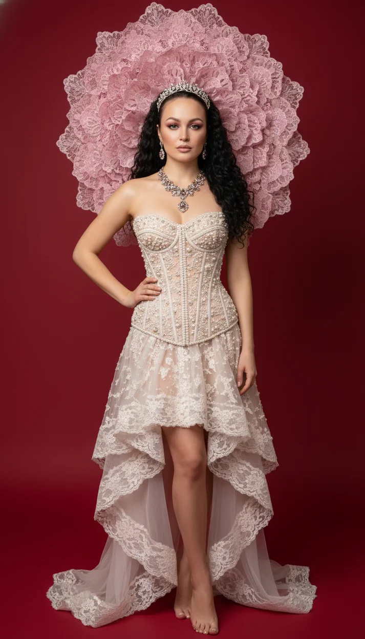 Девушка на красном фоне в розовом корсетном платье с кружевным воротом