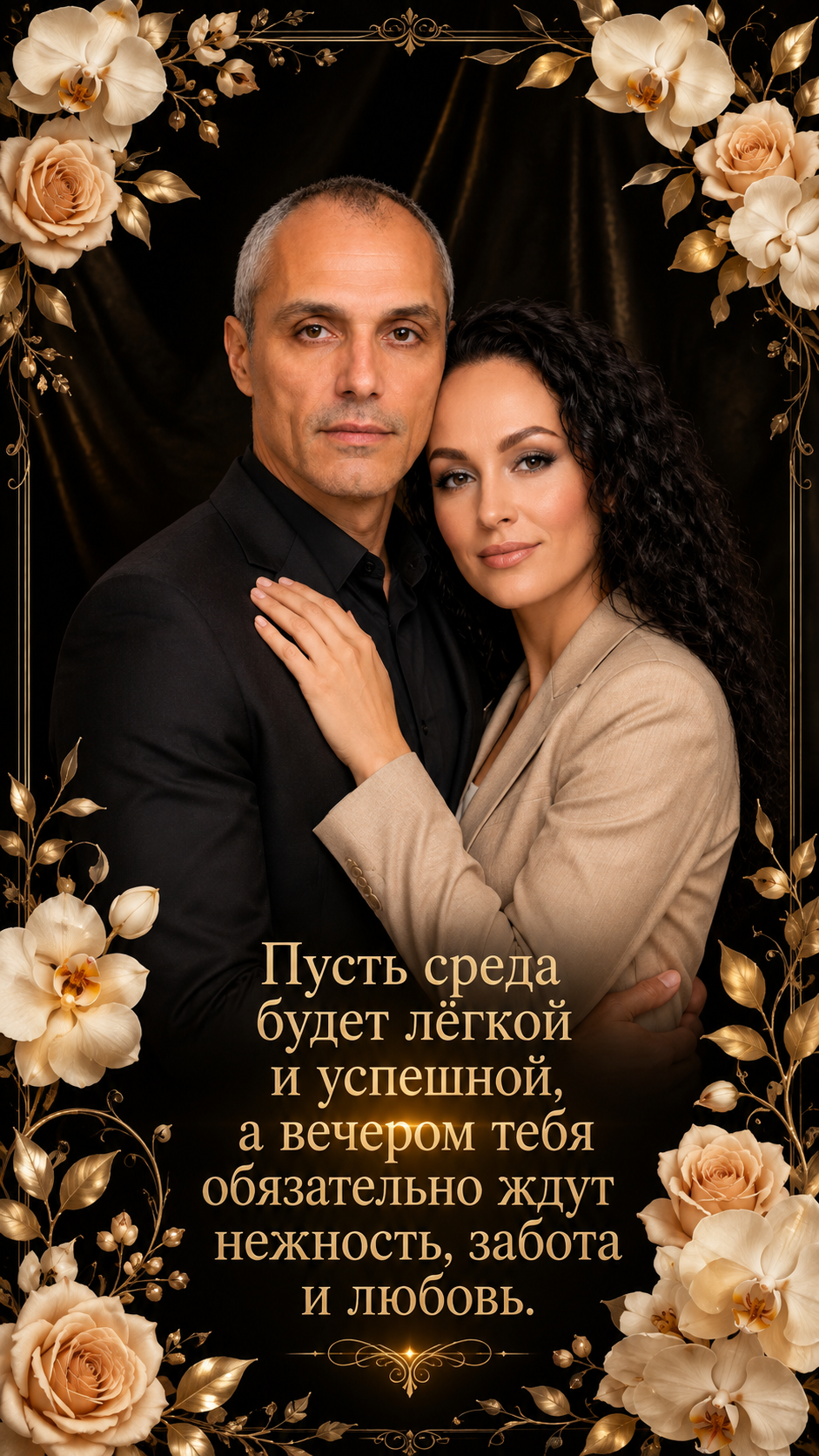 Фотооткрытка для любимой с текстом "Пусть среда будет лёгкой и успешной, а вечером тебя обязательно ждут нежность, забота и любовь."