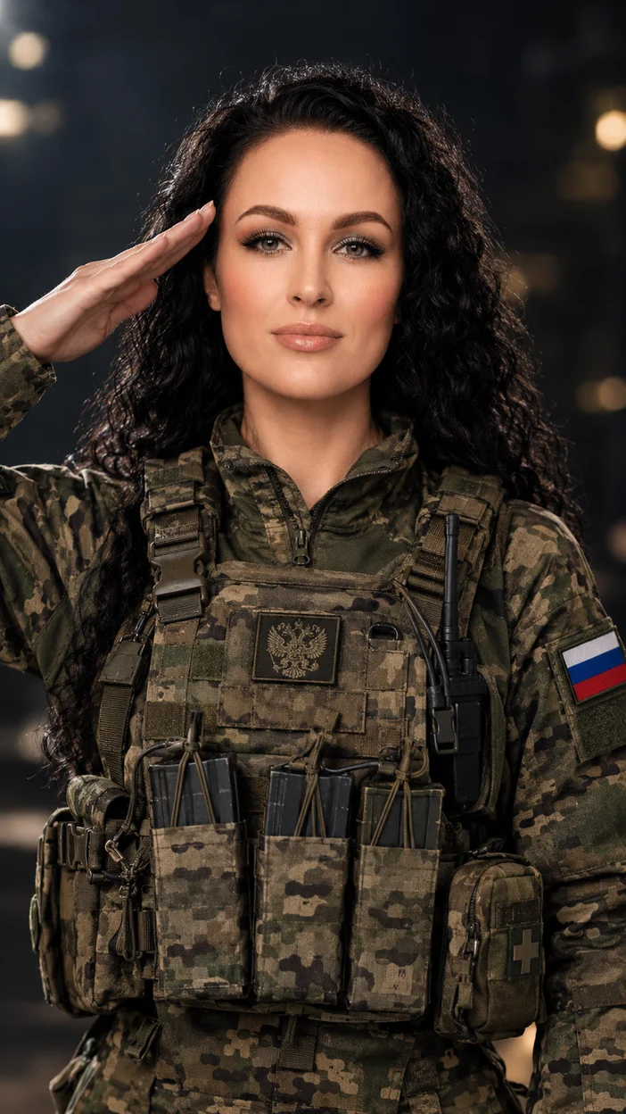 Фотосессия студийное воинское приветствие — девушка в современной русской форме