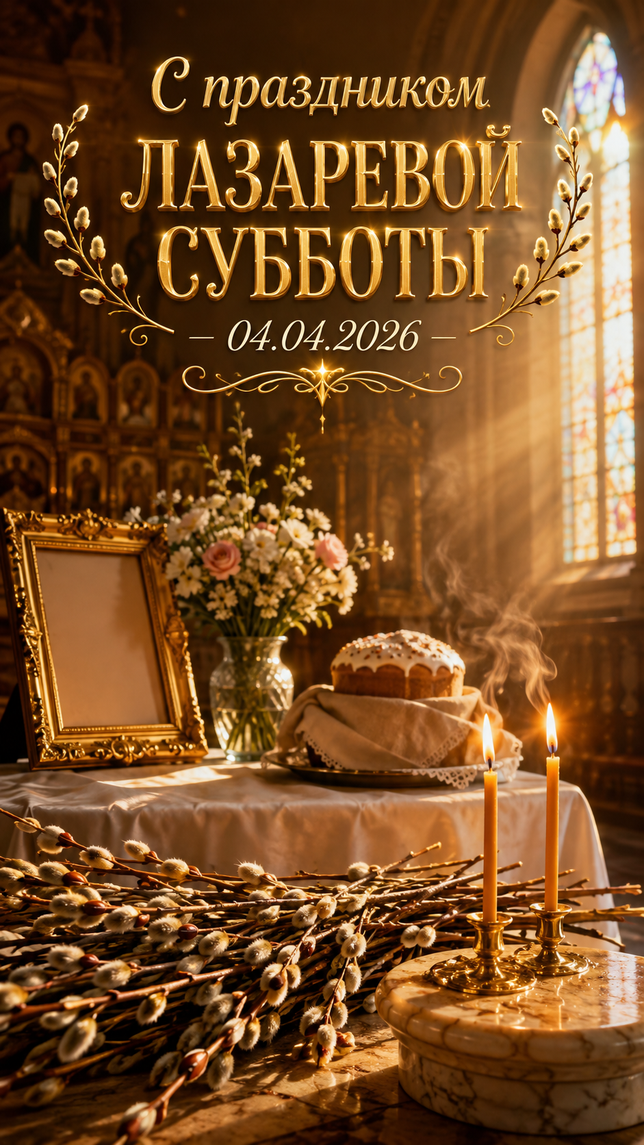 Лазарева суббота — 04.04.2026 — светлая храмовая открытка