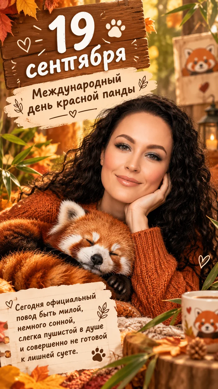 Фотосессия тёплая осенняя зона 19 сентября — Международный день красной панды, девушка с красно-пандовыми декорами