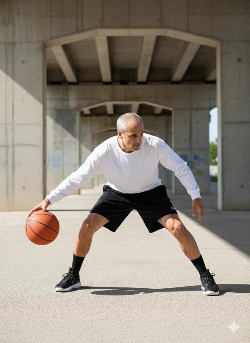 Мужчина в белом лонгсливе ведёт баскетбольный мяч в низкой стойке под бетонной эстакадой