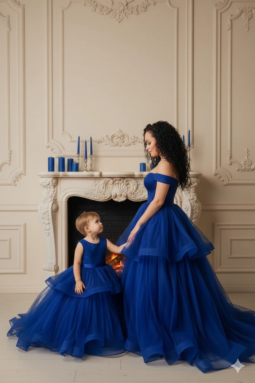 Мама и дочь в насыщенно-синих бальных платьях у каминной зоны 