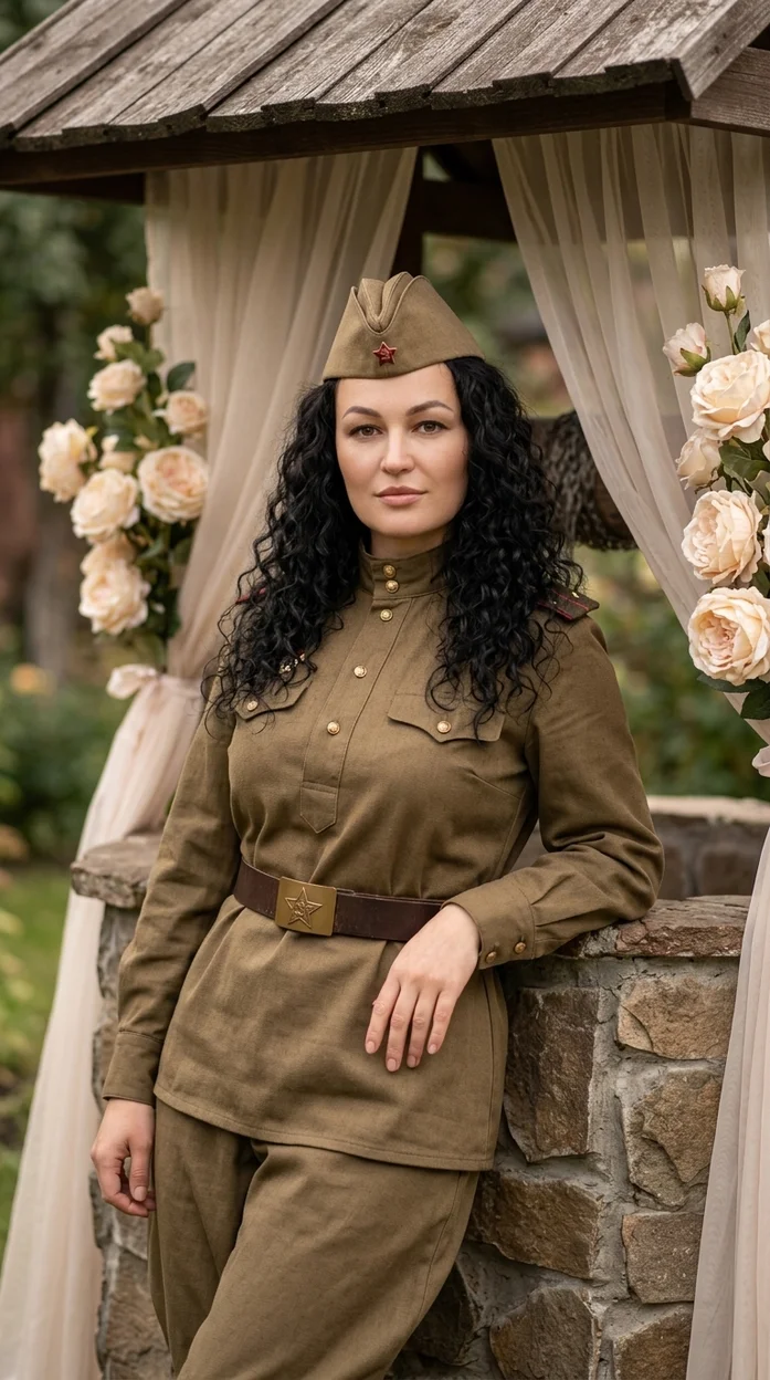 сцена в уютном саду в военной форме на 9 мая 